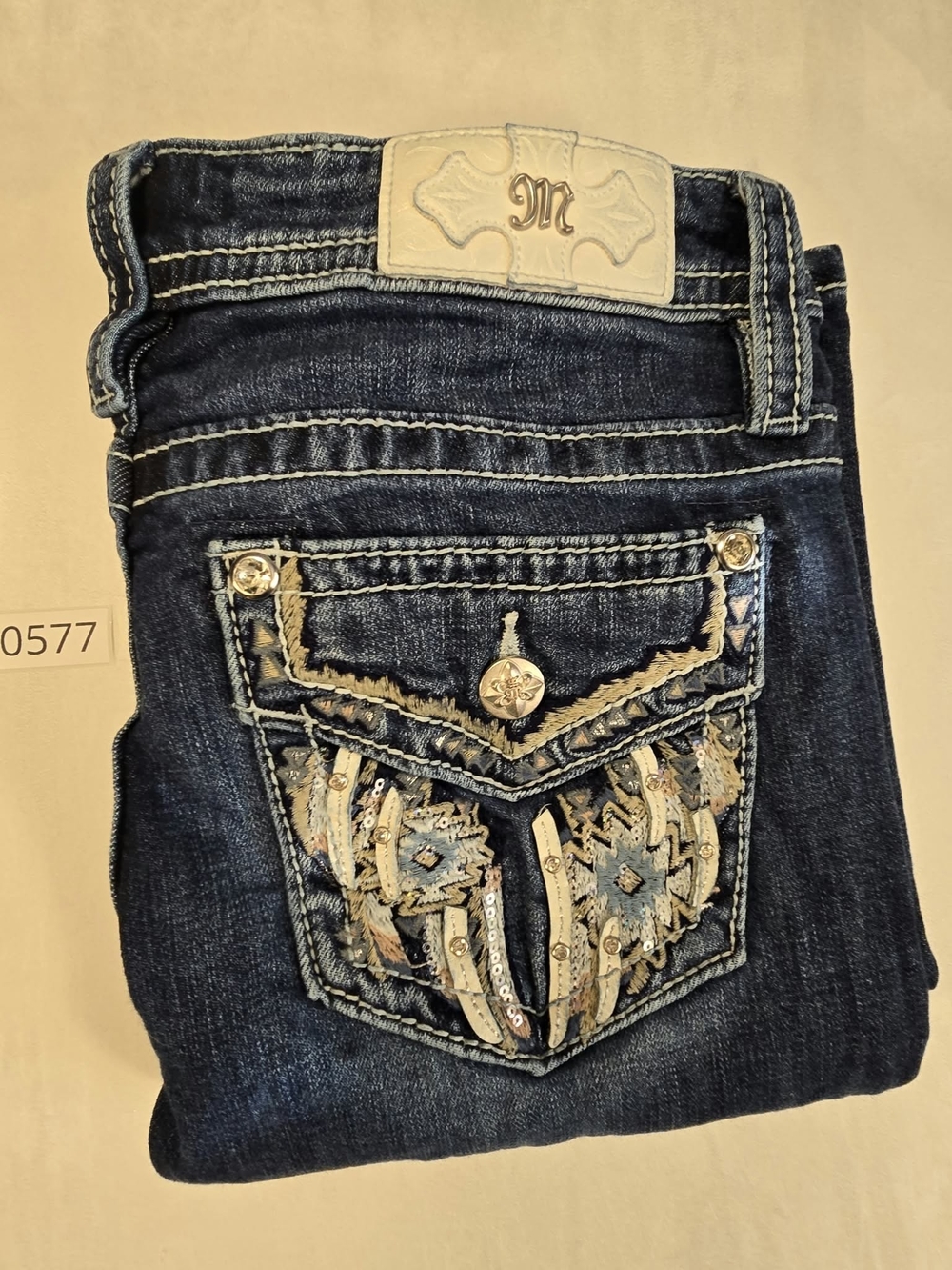 Miss Me Mid-Rise Bootcut Jeans Size 29 Dark Wash Sequins Embroidered Flap Pocket